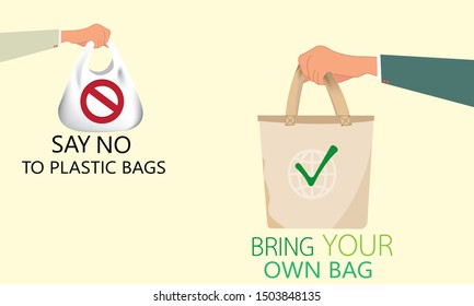 Hand holding bag with“Bring your own bag” word.Beside is hand holding plastic bag with“Say no to Plastic sign” word.Pollution problem,save world.Vector Care Environment and save world design.