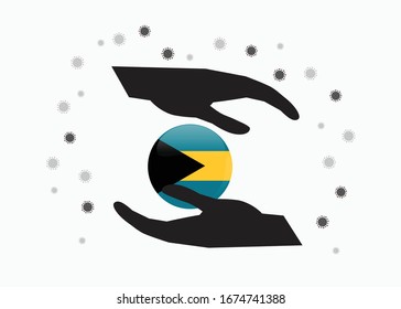 Hand holding bahamas flag in cycle symbol, Protect bahamian people from coronavirus or COVID-19 concept, Save bahamas, sign symbol background, vector illustration. 