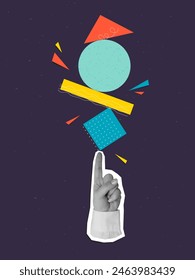 A hand holding in a balance abstract geometric composition. Vector illustration in a modern collage style