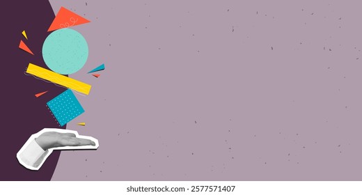 A hand holding in a balance abstract geometric composition, place for text. Modern photo collage style. Vector illustration