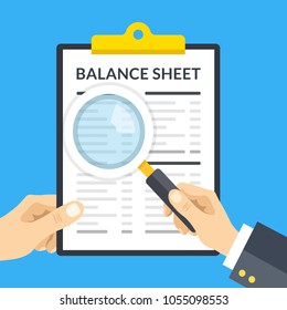 Hand holding balance sheet clipboard and hand holding magnifying glass. Clipboard with financial statement, financial report. Business analysis, review, inspection. Flat design vector illustration