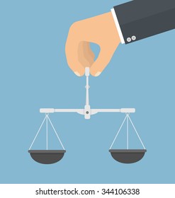 Hand holding balanced manual scale. Equality concept. Flat style