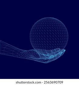 Hand holding a ball in a blue background. The ball is surrounded by a lot of lines and dots, giving it a 3D appearance. Concept of wonder and curiosity