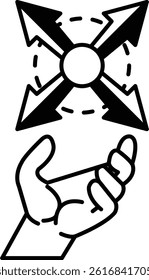 A hand is holding a ball with four arrows pointing in different directions