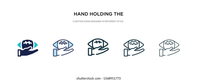 hand holding the ball icon in different style vector illustration. two colored and black hand holding the ball vector icons designed in filled, outline, line and stroke style can be used for web,