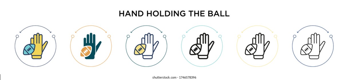 Hand holding the ball icon in filled, thin line, outline and stroke style. Vector illustration of two colored and black hand holding the ball vector icons designs can be used for mobile, ui, web