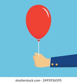 Hand holding ballon. Birthday balloon. Red ballon on blue background. Vector illustration in cartoon style.