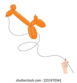Hand holding a balloon in the form of a dog on a string, helium, flat illustration, decor