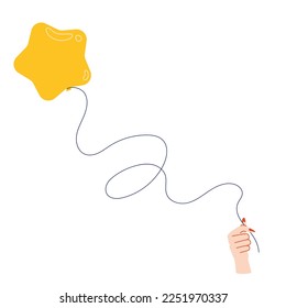 Mano sosteniendo un globo en forma de estrella sobre una cuerda, helio, ilustración plana, decoración