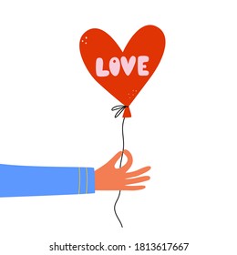 Hand holding a balloon with the letters Love. Holiday greeting card for Valentine's day. Template for Invitation, greetings, congratulations, posters. Vector illustration.
