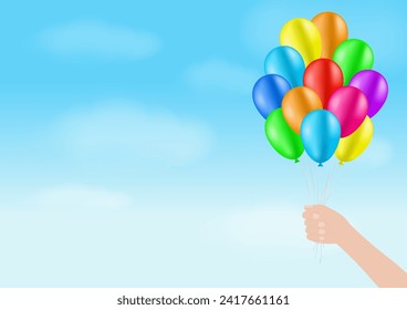 Hand Holding Balloon on Blue Sky. Background for Party, Birthday, Celebration or Children's Day. Vector Illustration.