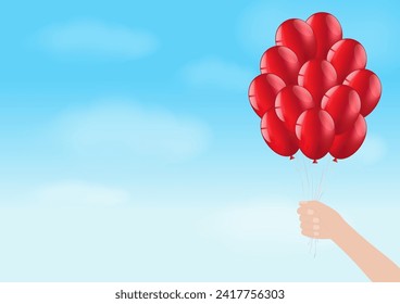 Hand Holding Balloon on Blue Sky. Background for Party, Birthday, Celebration or Children's Day. Vector Illustration.