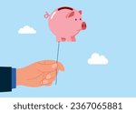 Hand holding balloon pink piggy bank. Vector illustration