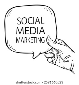 A hand holding a balloon shaped like a speech bubble with the words social media