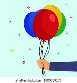Hand holding balloons. Colorful set of balloons in the hand for party decoration, baby shower, happy birthday, Valentines day. Flat cartoon design. Vector illustration	  