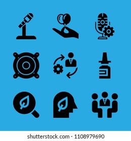 hand holding balloons, speaker, microphone, management, search, nasal spray, meeting, mind and microphone vector icon. Simple icons set