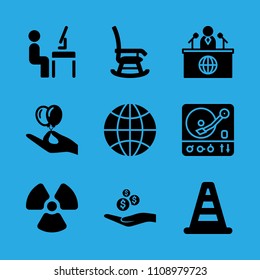 hand holding balloons, worldwide, cone, news reporter, alms, radioactive, turntable, workspace and rocking chair vector icon. Simple icons set