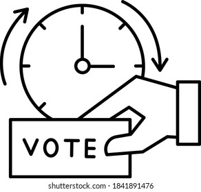 Hand Holding Ballot With Clock. Early Voting Vector Line Icon Design. United States Presidential Election Symbol On White Background, Vote Casting Time Concept,