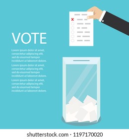 Hand holding ballot page, ballot box and place for text,referendum or election concept,flat vector illustration