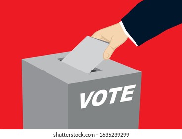 Hand holding ballot paper dropping inside an election box. Concept of voting. Isolated vector illustration.