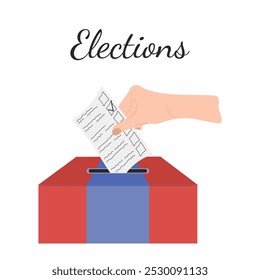 La mano sostiene la boleta y la arroja a la caja roja y azul. Cada voto importa. Concepto de elecciones en Estados Unidos 2024. Campaña de agitación de los candidatos. democracia, Anuncio político. Vector plano dibujado a mano