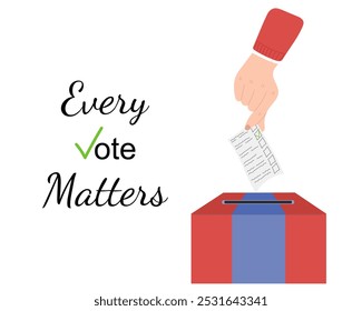 Hand is holding ballot and throwing it into the red and blue box. Every vote matters. Elections concept in USA 2024. Candidates agitation campaign. democracy, political banner. Hand drawn vector flat