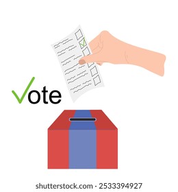 Hand is holding ballot and throwing it into the red and blue box. Every vote matters. Elections concept in USA 2024. Candidates agitation campaign. democracy, political banner. Hand drawn vector flat