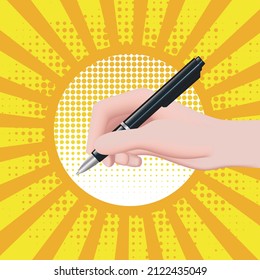 hand holding ballpoint pen with pop art theme design template for book or background wallpaper.