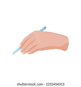 Hand holding ballpoint pen vector illustration. Hand of painter writing isolated on white background. Art, education, stationery, creativity concept