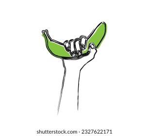 Hand Holding Banana Fruit doodle schratch. Hand holds banana line art drawing vector illustration. 