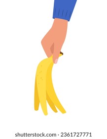 Hand holding banana peel. Hand throws banana into trash can. Organic waste. Trash sorting, recycling. Vector illustration