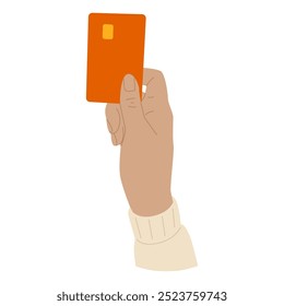 Hand holding bank card. Cashless payment for goods and services. People use card for online payment. Financial transaction. Vector illustration isolated on transparent background.