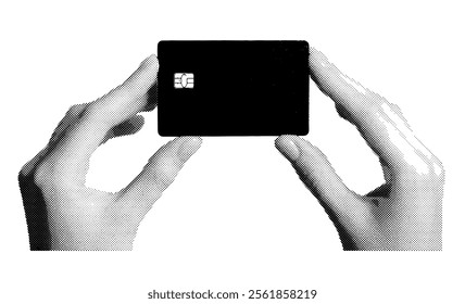 Hand holding bank card with chip. Retro, vintage grayscale design with halftone and dotted texture, symbolizing wealth, finance, and budget. Vector illustration isolated on white