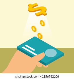 hand holding bank card credit coins dollar money isometric