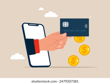 Hand holding bank card. Money payment market and buy theme. Paying money from debit card receive bonus. Flat vector illustration