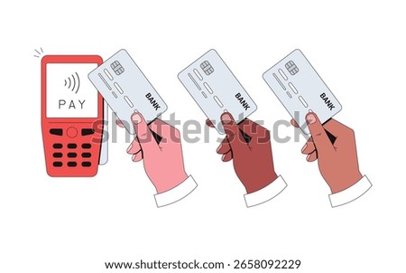 Hand holding bank card. Multi ethnic. Contactless payment illustration. Credit card and terminal. White background