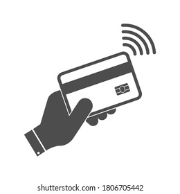 Hand holding Bank card with NFC contactless payment system, simple design