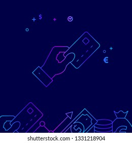 Hand Holding Bank Card Vector Line Illustration. Money Related Gradient Icon, Symbol, Pictogram, Sign. Dark Blue Background. Light Abstract Geometric Background. Related Bottom Border