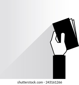 hand holding bank, cards on white background, flat and shadow theme