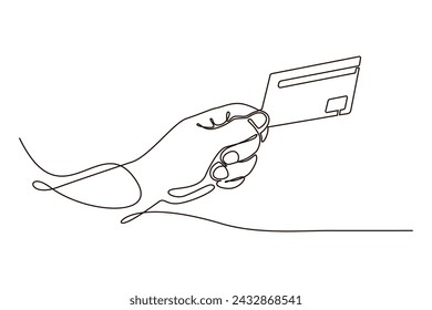 Hand holding bank credit card in continuous one line symbol drawing. Concept for banking, contactless payment. Silhouette line art vector illustration. Design for infographic, banner, flyer