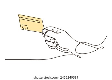 Hand holding bank credit card in continuous one line symbol drawing. Concept for banking, contactless payment. Silhouette line art vector illustration. Design for infographic, banner, flyer