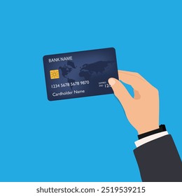 Hand holding bank credit card isolated on blue background. Vector illustration