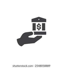 Hand holding bank vector icon. filled flat sign for mobile concept and web design. Savings Account glyph icon. Financial planning symbol, logo illustration. Vector graphics