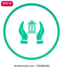 Hand holding bank vector icon.