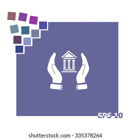 Hand holding bank vector icon.