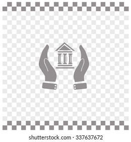 Hand holding bank vector icon.