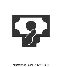 Hand holding a banknote icon on white background