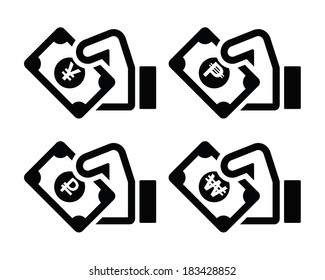 Hand holding banknote icons set isolated on white 