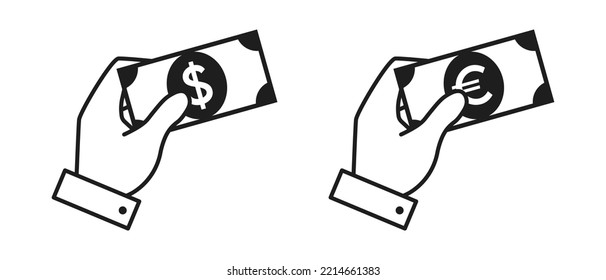 Hand holding banknote, vector icon set. Dollar and euro, paper money symbol. Banknote illustration