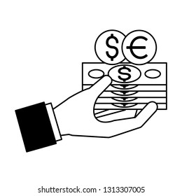 hand holding banknotes and coins money